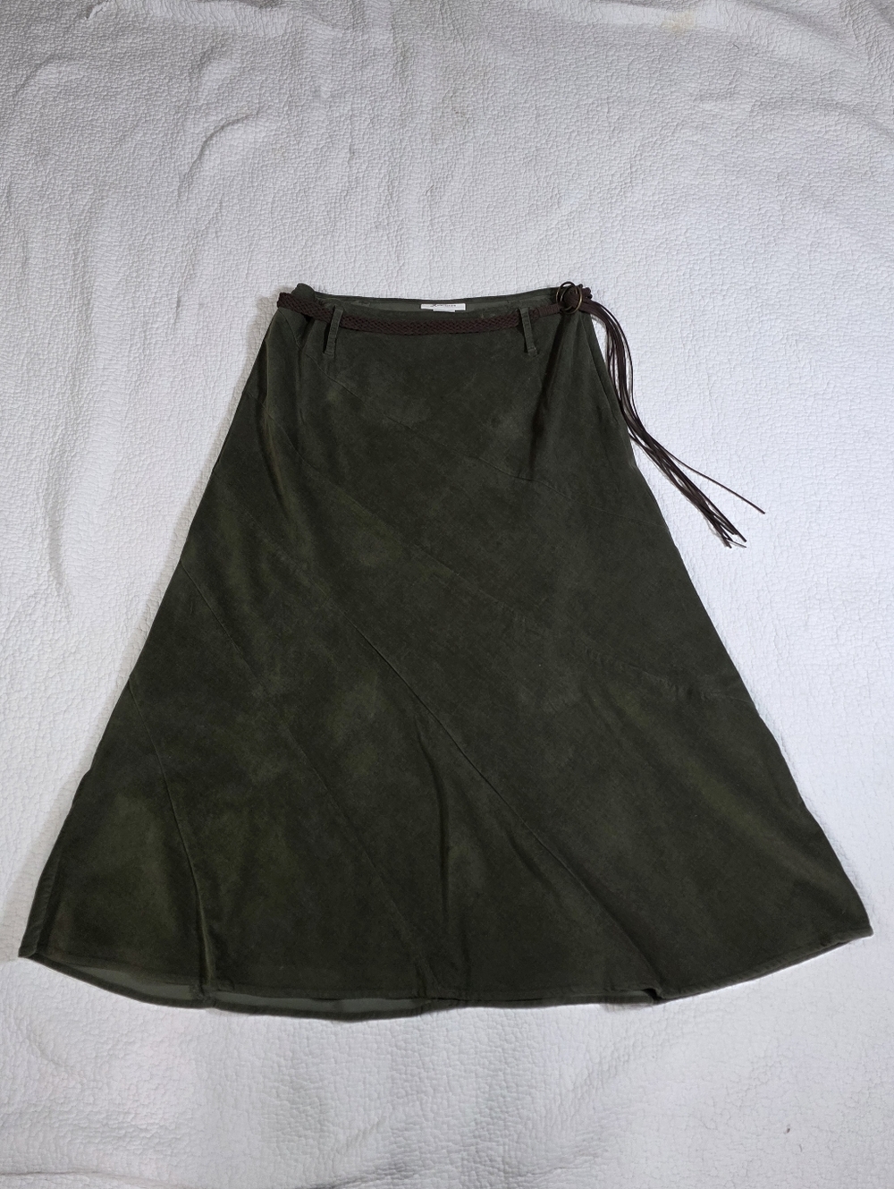 Vintage JM Collection Green Tiered Belted Corduroy Skirt